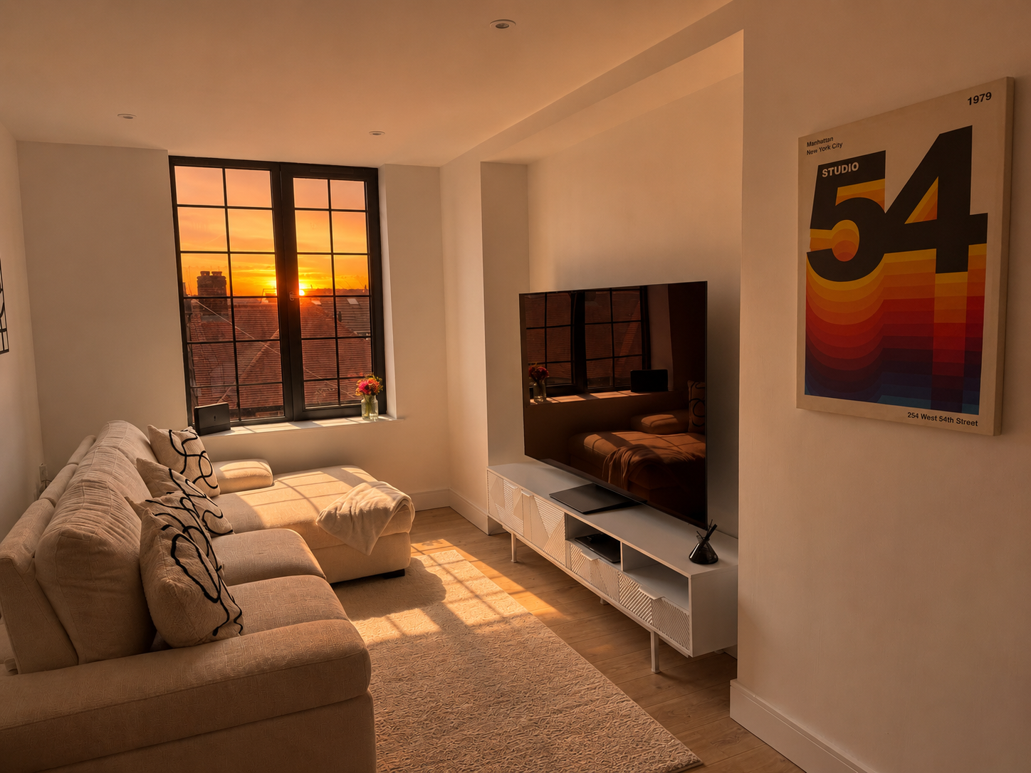A sunlit living room at Essentia House at sunset